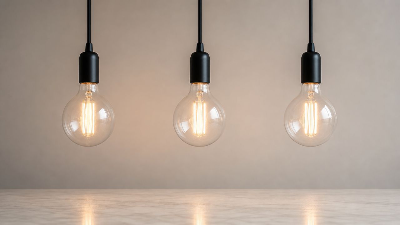 Three glowing vintage style light bulbs hanging from the ceiling above a polished marble surface.
