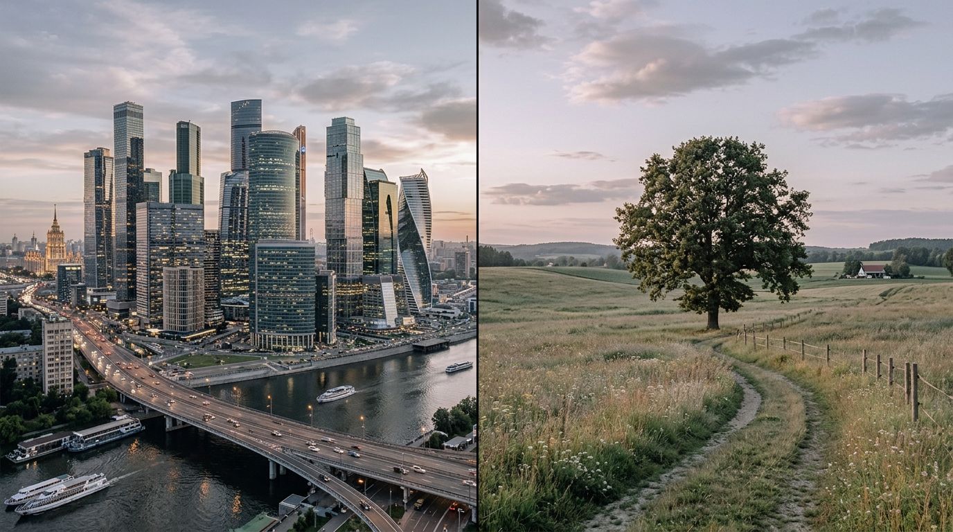 A split screen comparing a busy modern skyscraper city skyline with a serene peaceful grassy country landscape.