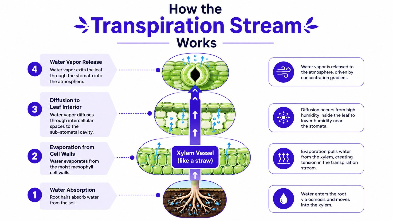 A diagram illustrating the four steps of the plant transpiration stream process from root absorption to atmospheric release.