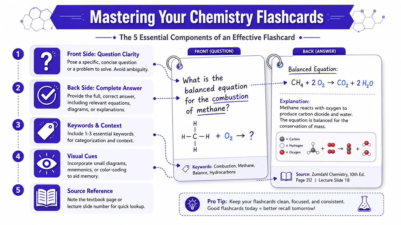 An infographic titled Mastering Your Chemistry Flashcards showing the five essential components for creating effective study materials.