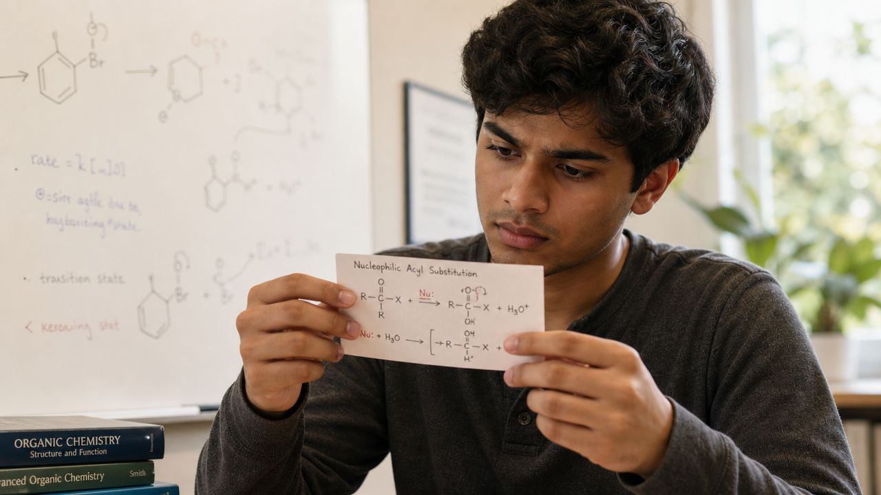 A young man carefully studies a flashcard detailing a nucleophilic acyl substitution chemical reaction mechanism.