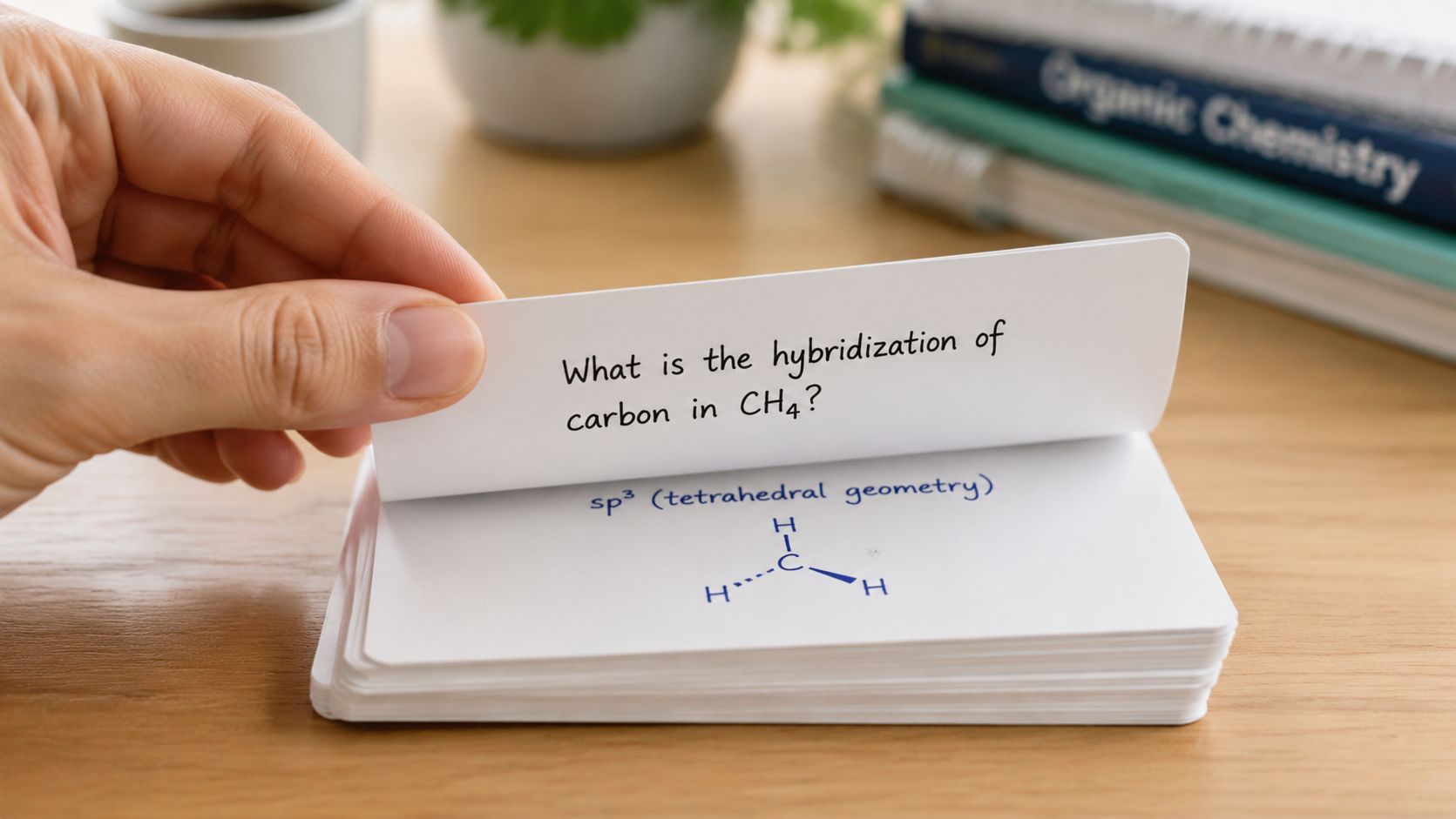 A hand holding a chemistry flashcard asking about the carbon hybridization in a methane molecule.