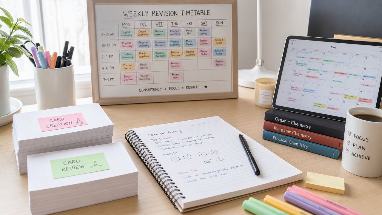 A organized study desk featuring chemistry study materials, including flashcards, textbooks, a revision timetable, and a notebook.