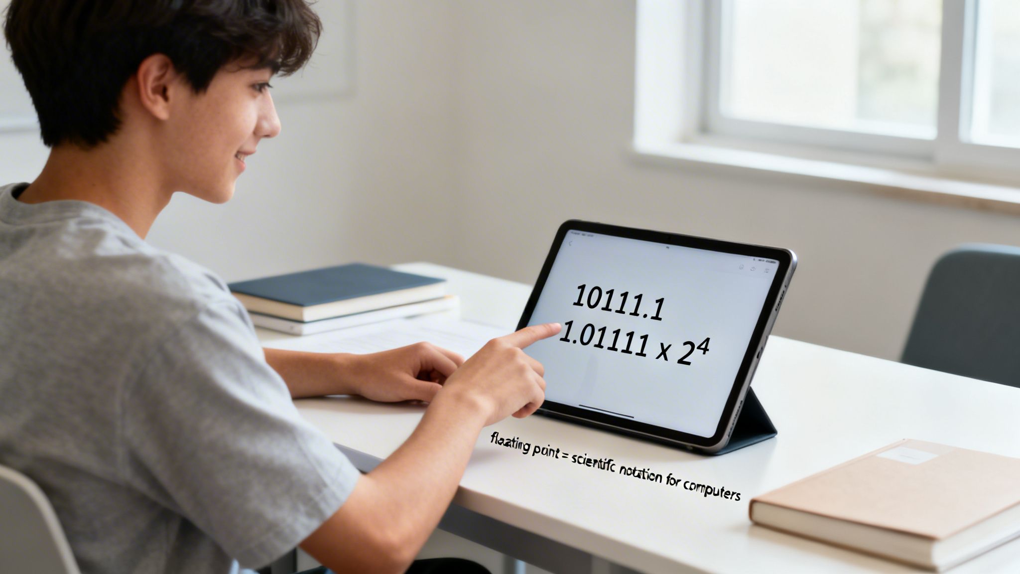 A student points at a tablet displaying binary floating-point notation and related text.