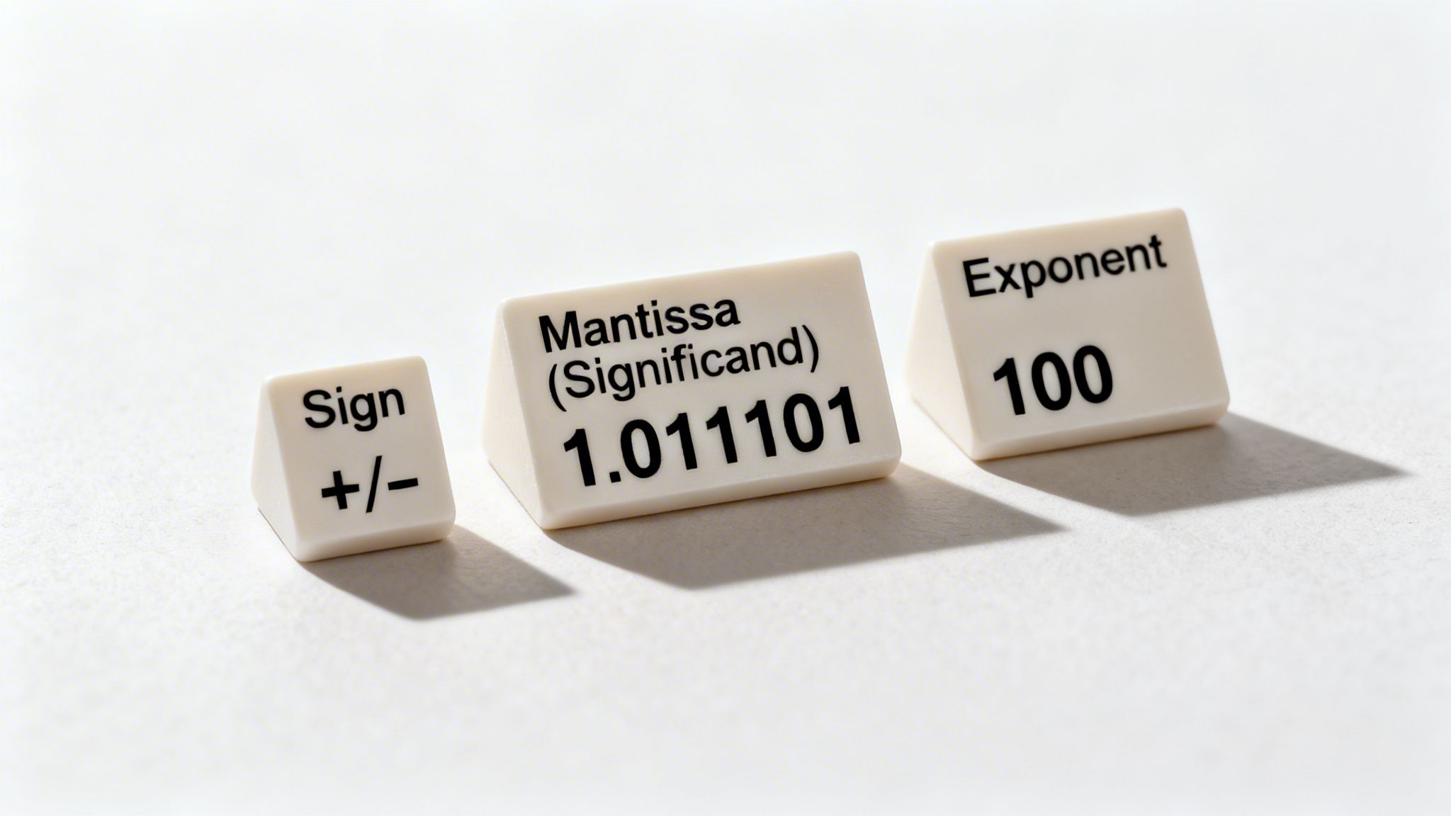 Three white blocks show floating-point binary number components: sign, mantissa (1.011101), and exponent (100).