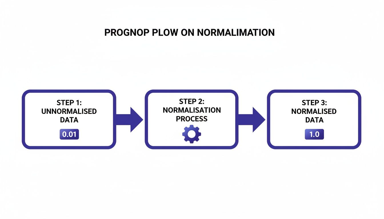 Diagram illustrating a three-step data normalisation process from unnormalised data (0.01) to normalised data (1.0).