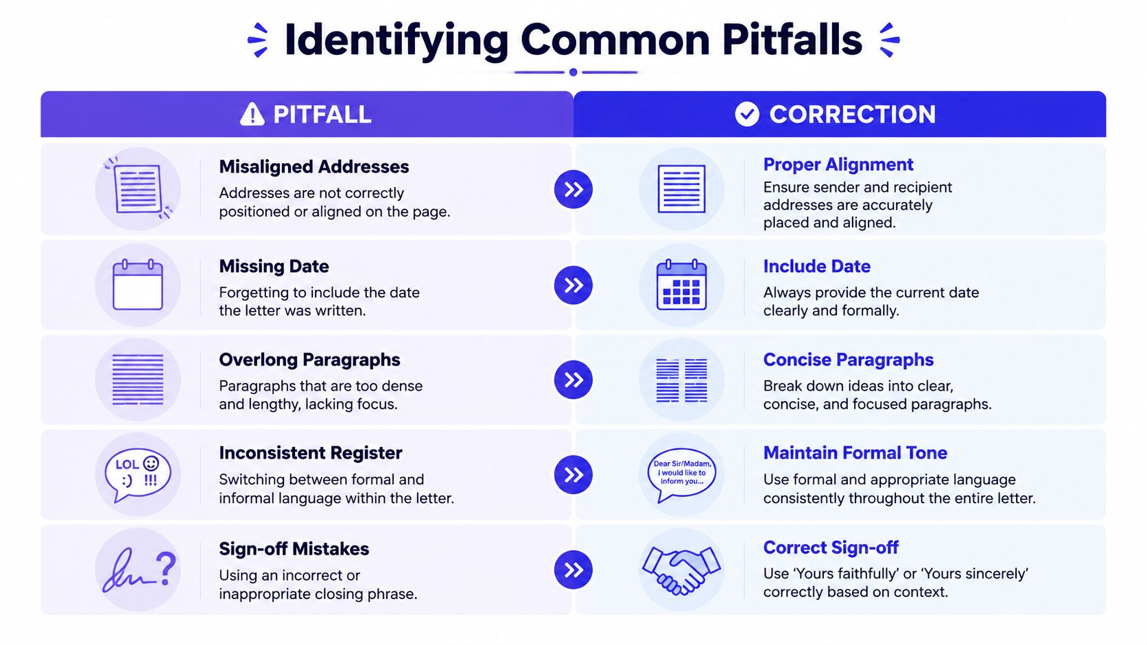 A comparison chart showing common pitfalls in formal letter writing alongside their recommended professional corrections.