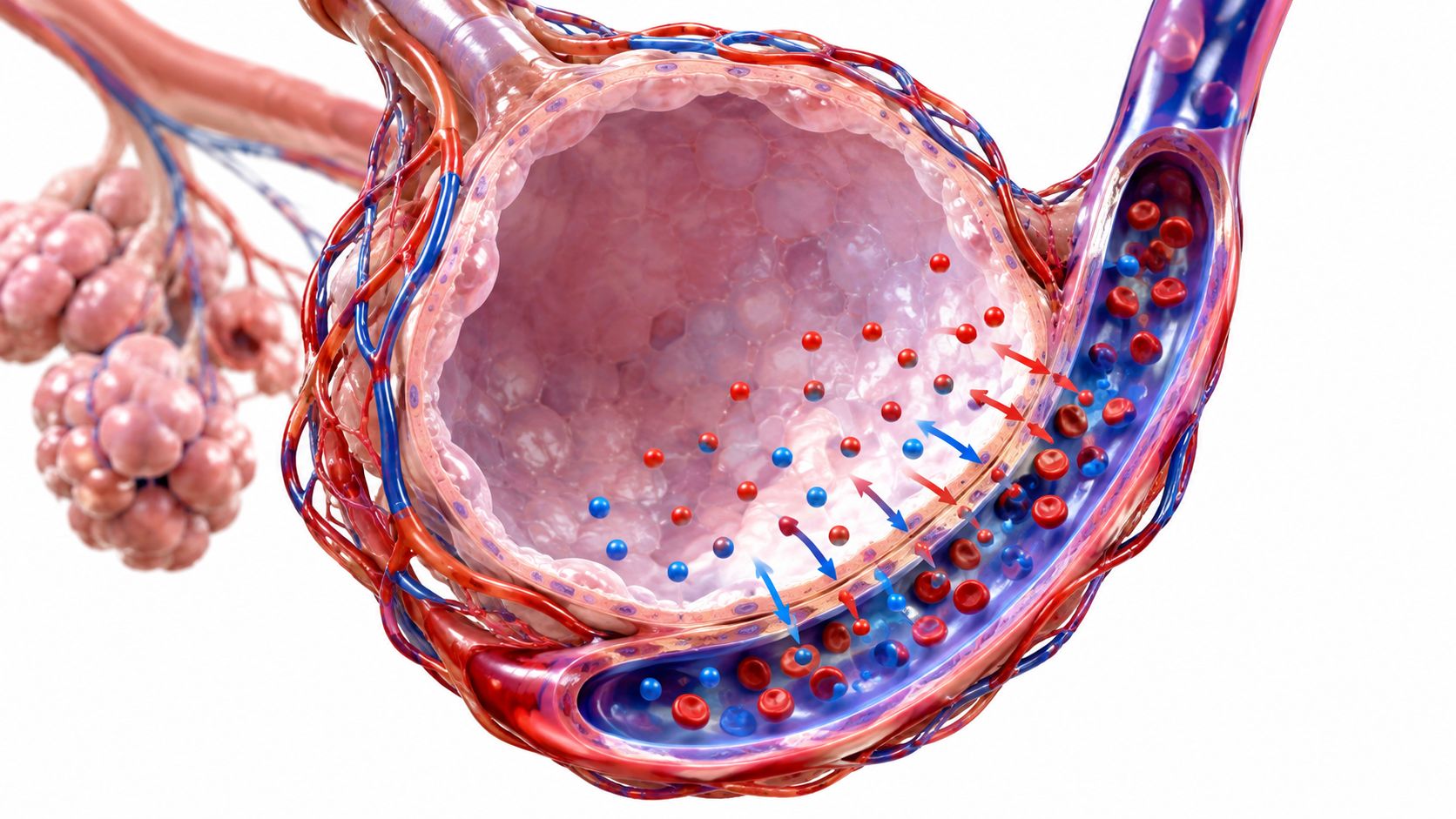 A detailed 3D illustration of oxygen and carbon dioxide gas exchange between alveoli and pulmonary blood capillaries.