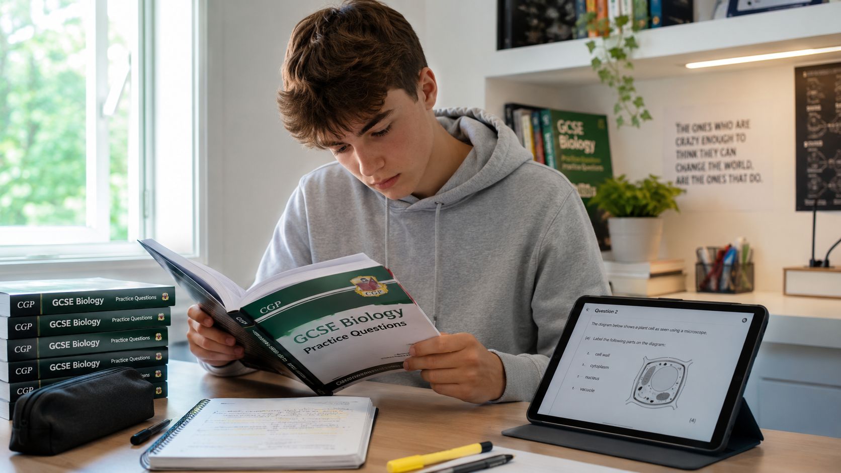 A focused young student sitting at a desk studying GCSE Biology practice questions using books and a tablet.