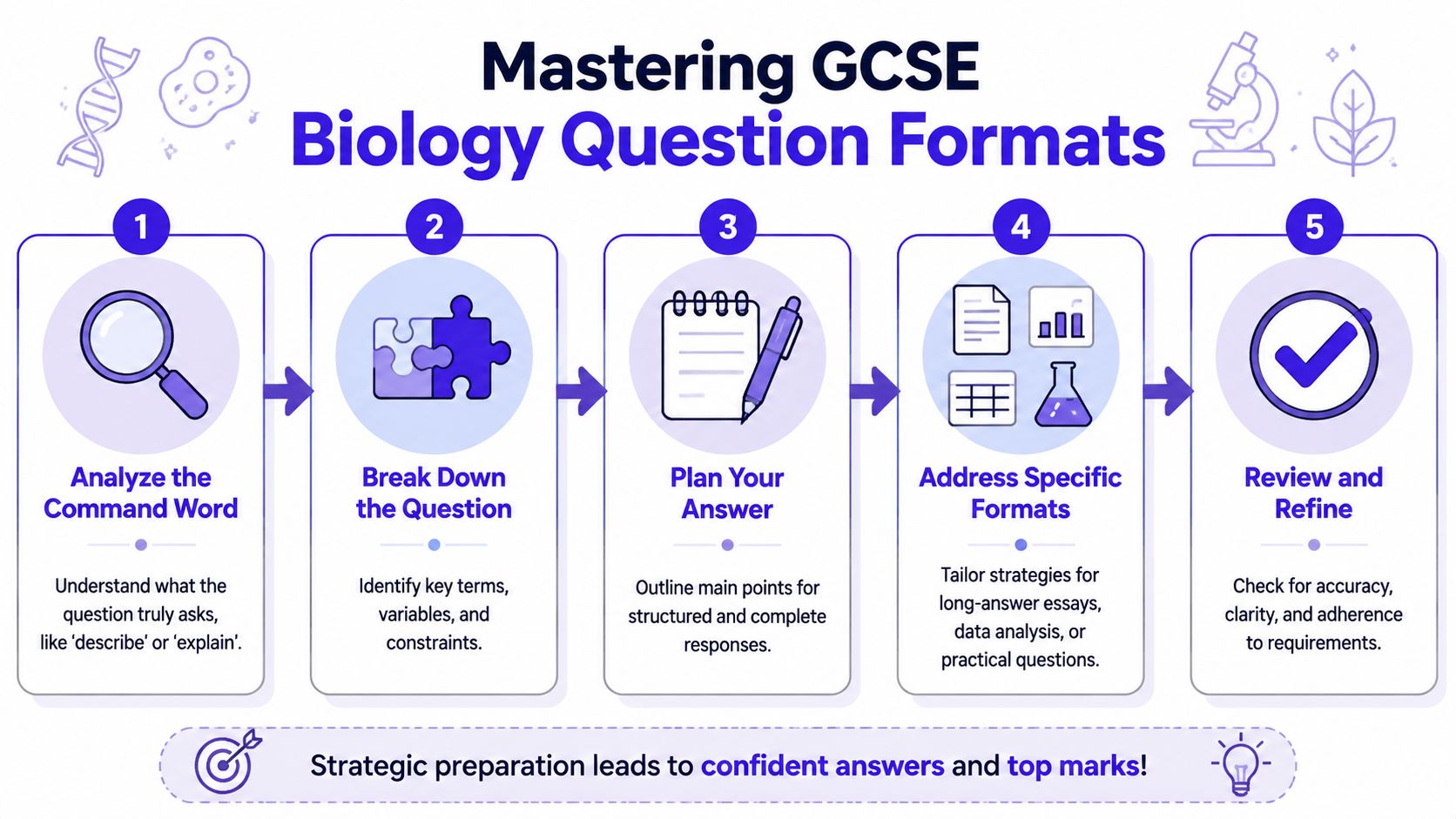 A five-step instructional guide for mastering GCSE Biology exam questions using analytical and planning techniques.