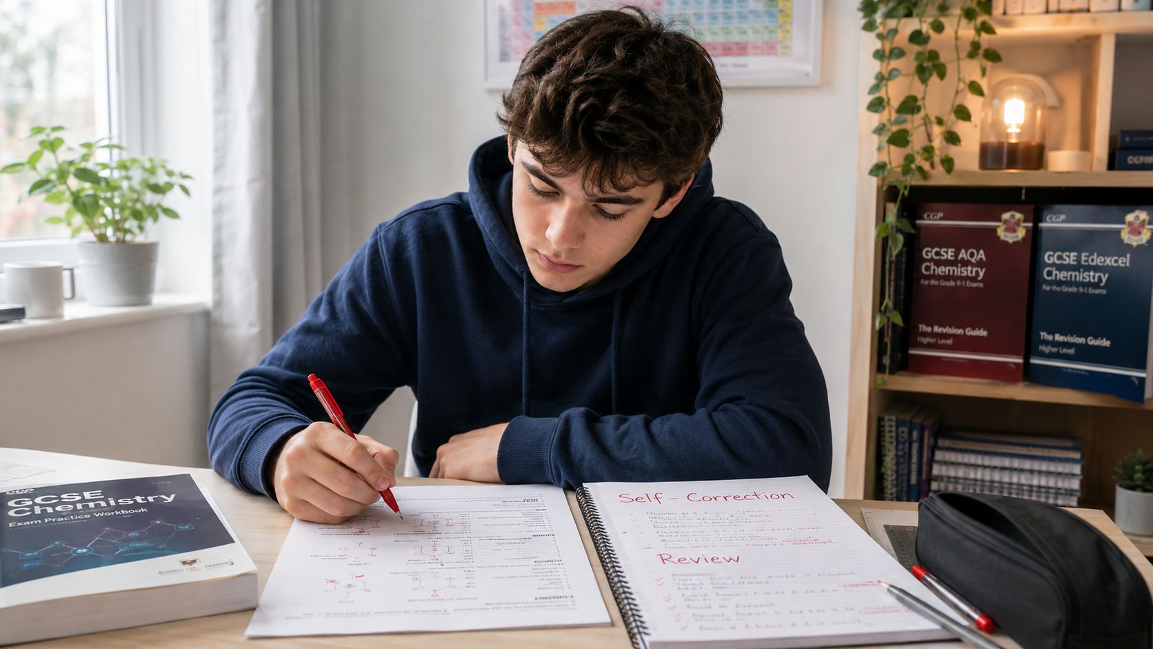 A male student studying chemistry at his desk with GCSE revision guides and practice workbooks.