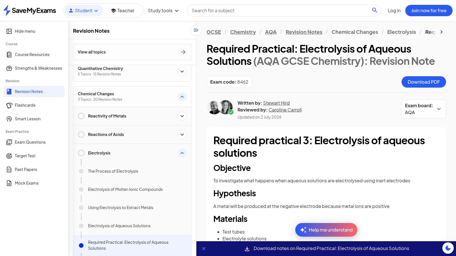 Save My Exams – Required practicals notes and questions (AQA GCSE Chemistry)