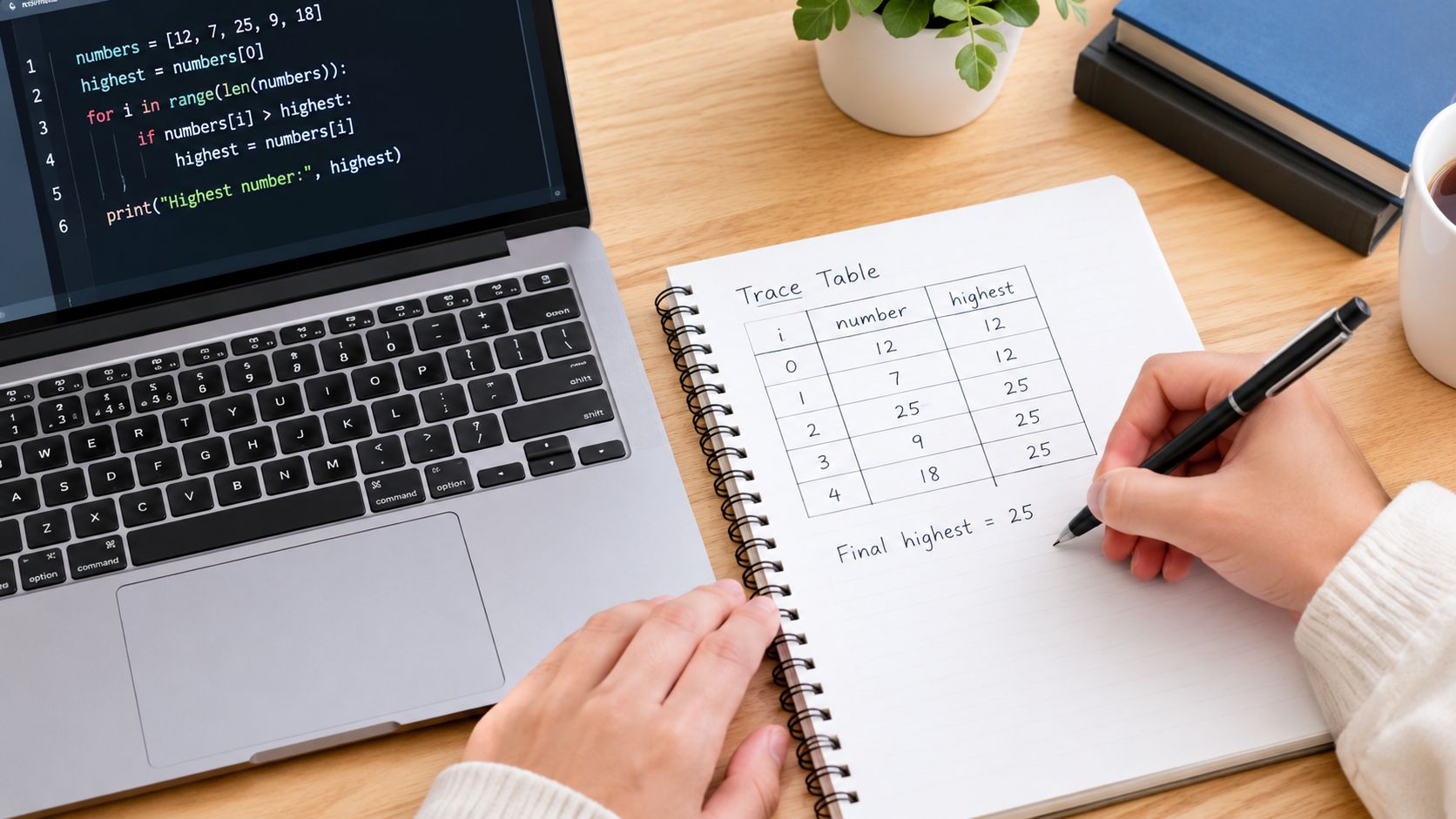 A person writing a trace table in a notebook while studying computer science code on a laptop.