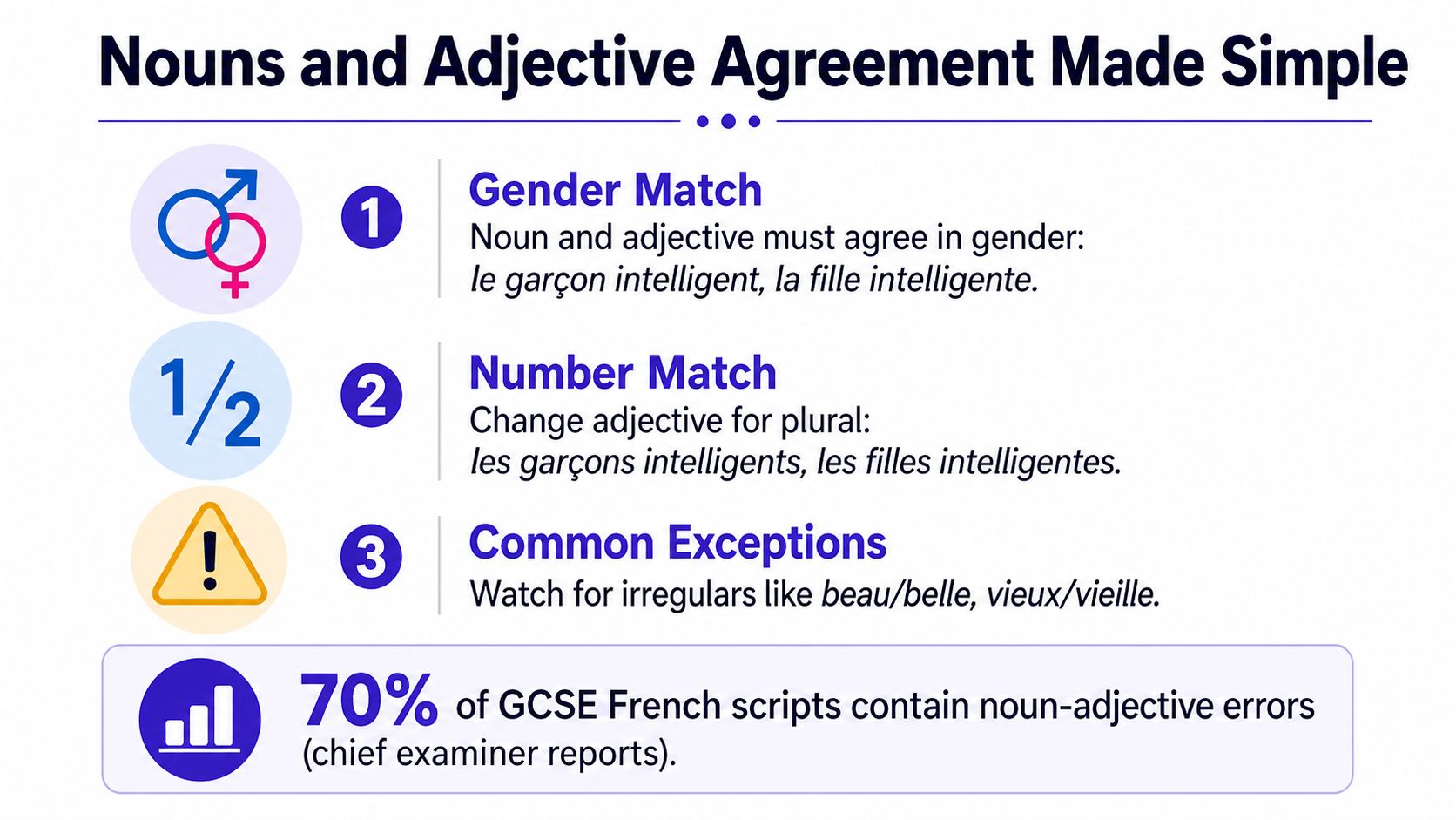 A simple guide explaining French noun and adjective agreement rules including gender, number, and common exceptions.