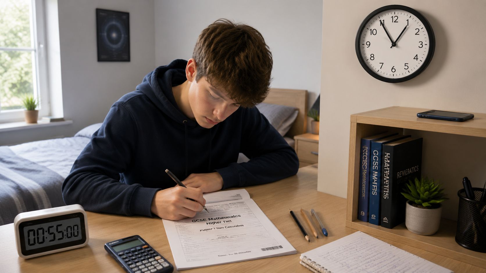 A focused student working on a GCSE Mathematics practice exam paper at a desk with stationery.