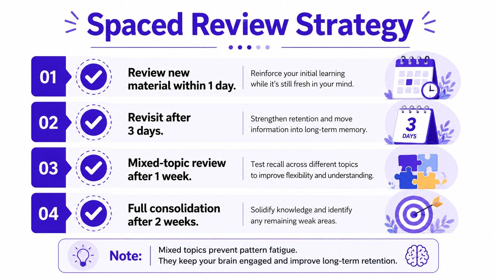 An infographic titled Spaced Review Strategy illustrating four steps for effective learning and memory retention.