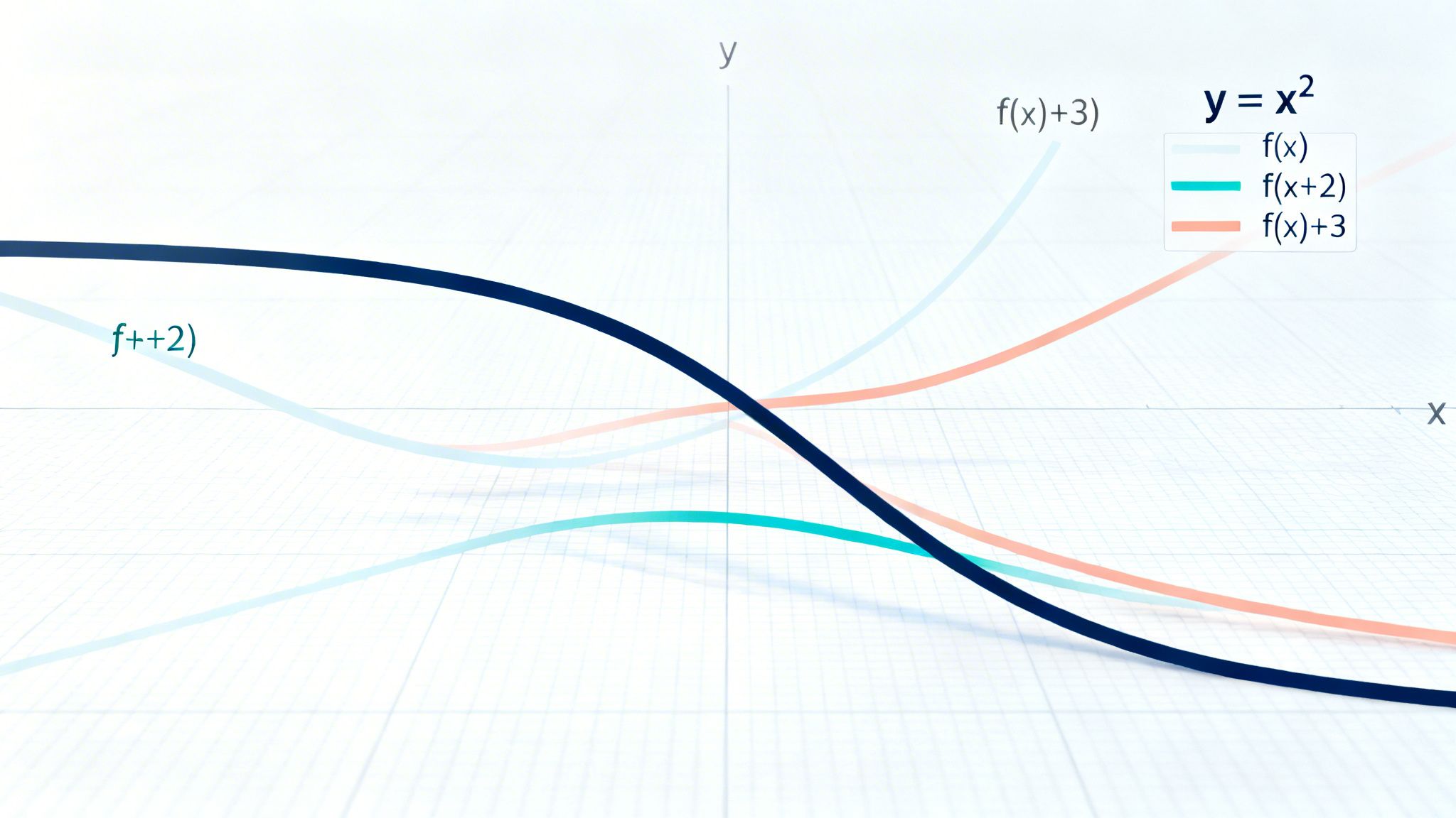 A graph illustrating mathematical transformations of the function y=x^2, including f(x+2) and f(x)+3.