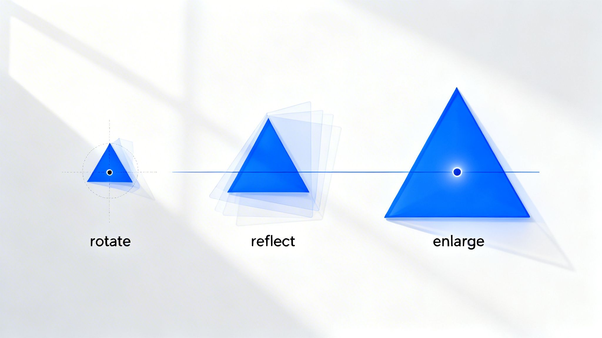 An illustration demonstrating three geometric transformations: rotate, reflect, and enlarge, applied to a blue triangle.