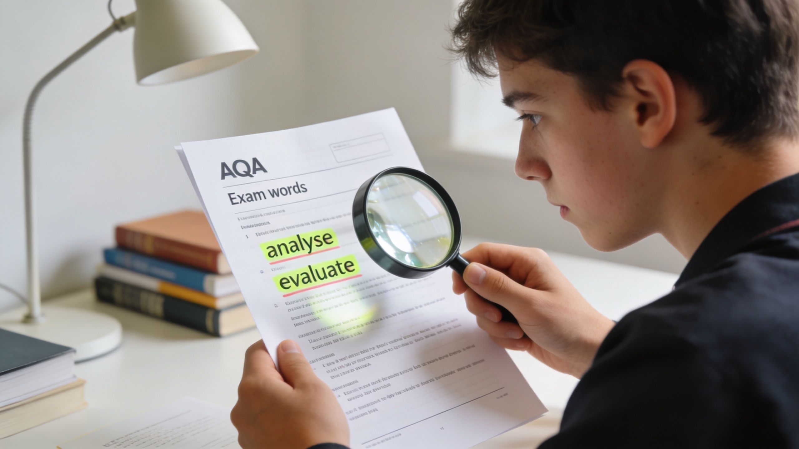 A young student examines an AQA exam document with a magnifying glass while studying at a desk.