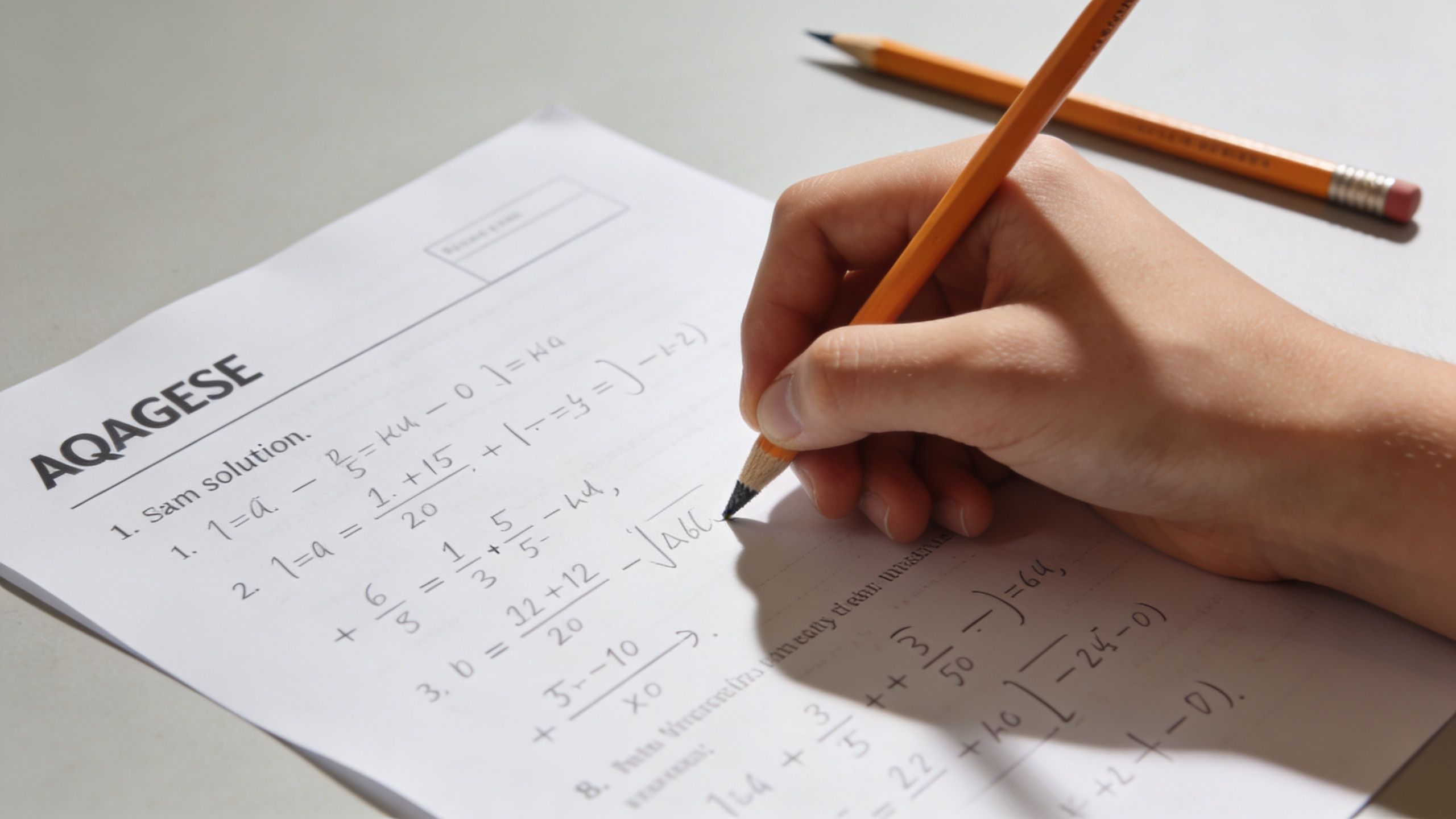 A student using a pencil to write math solutions on an AQA GCSE practice worksheet.