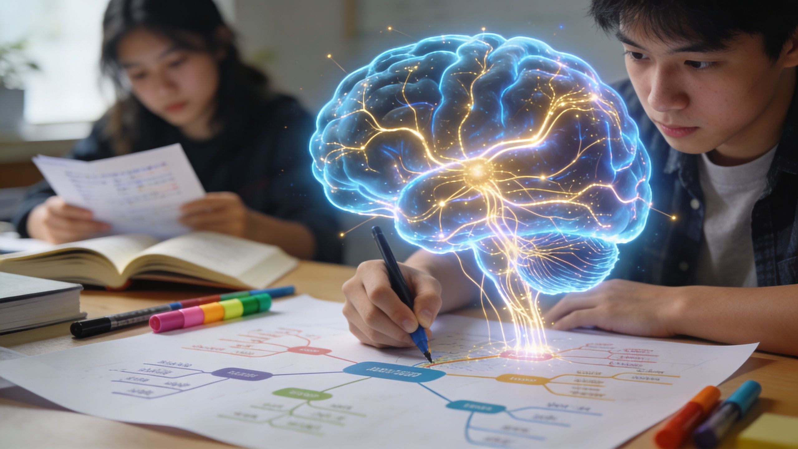 A male student sketching a mind map while a glowing digital brain hologram hovers over his desk.