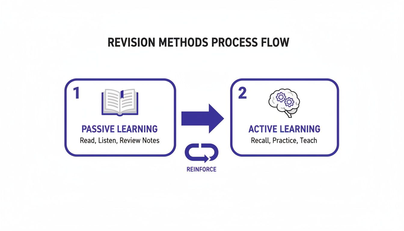 A process flow diagram illustrating revision methods, moving from passive learning to active learning, with reinforcement.