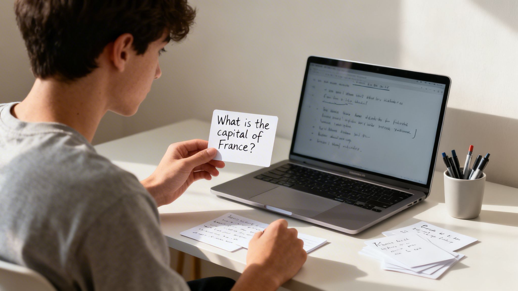 A young student holds a flashcard asking 'What is the capital of France?' while studying with a laptop and other notes.