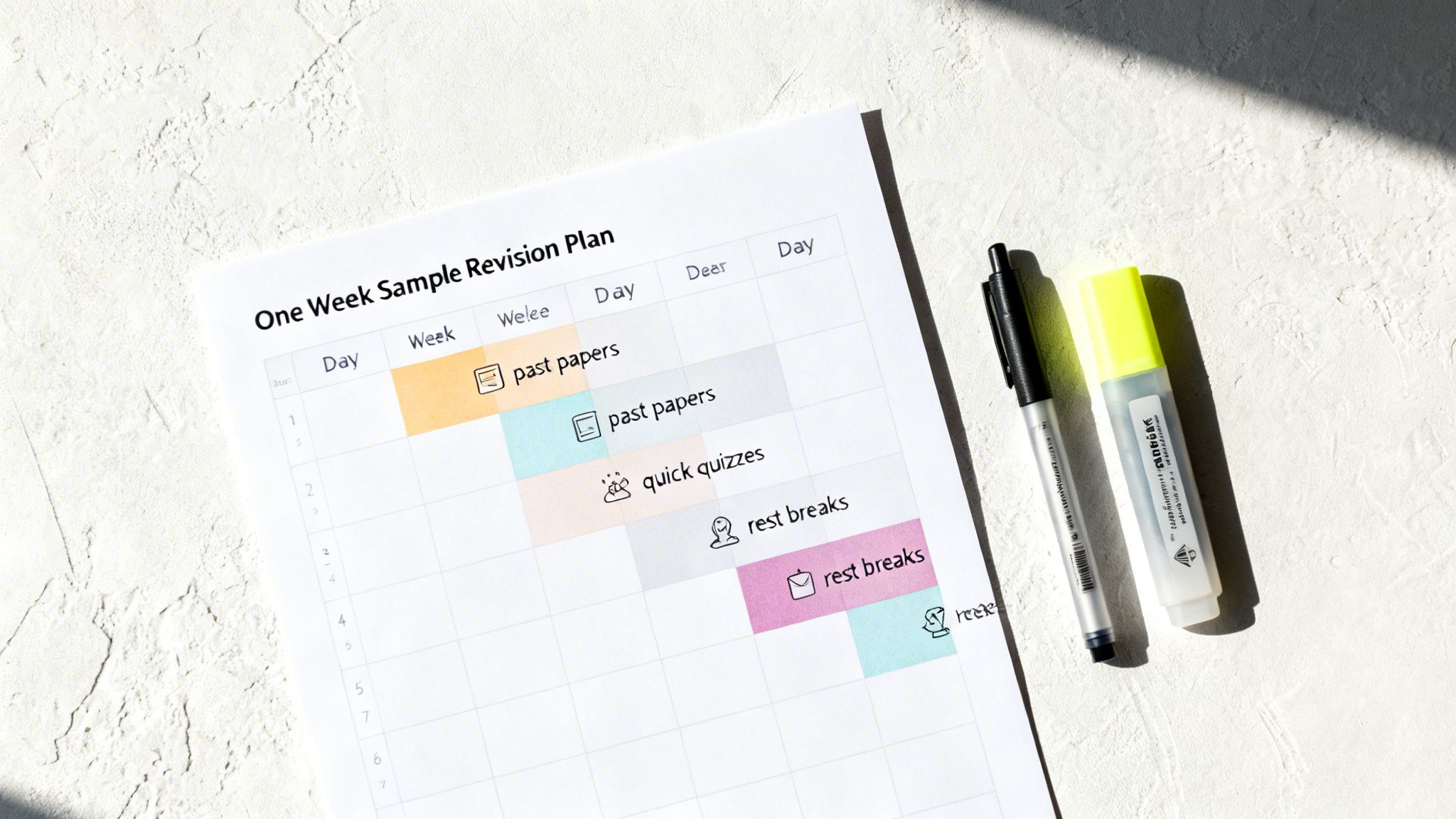Close-up of a 'One Week Sample Revision Plan' on paper with a pen and yellow highlighter, ready for studying.
