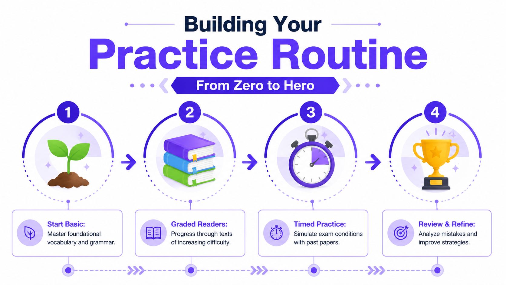 An infographic showing four steps for building a Spanish language practice routine, progressing from basics to mastery.