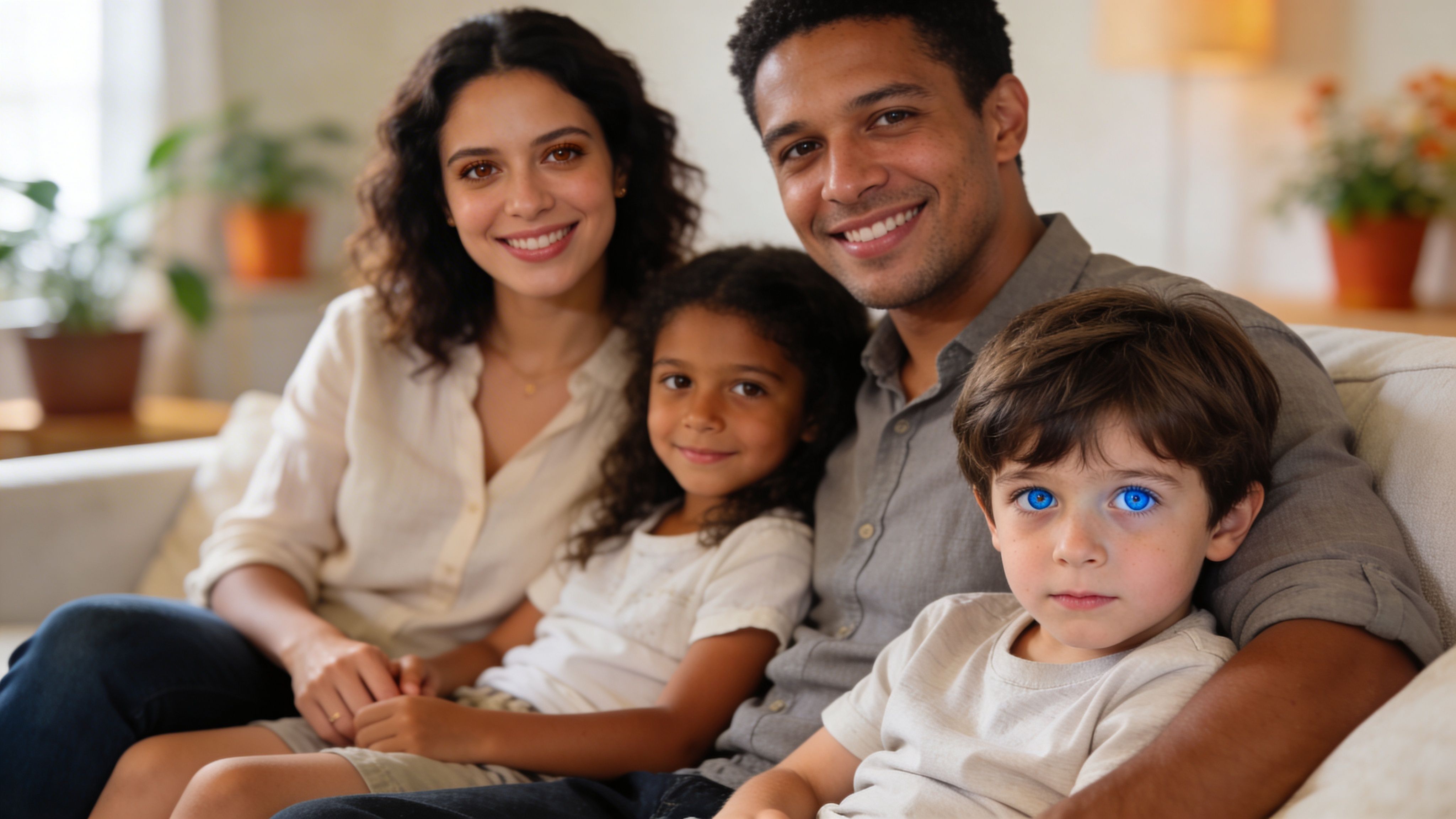 A happy multiracial family sitting together on a comfortable sofa in a bright and cozy living room.