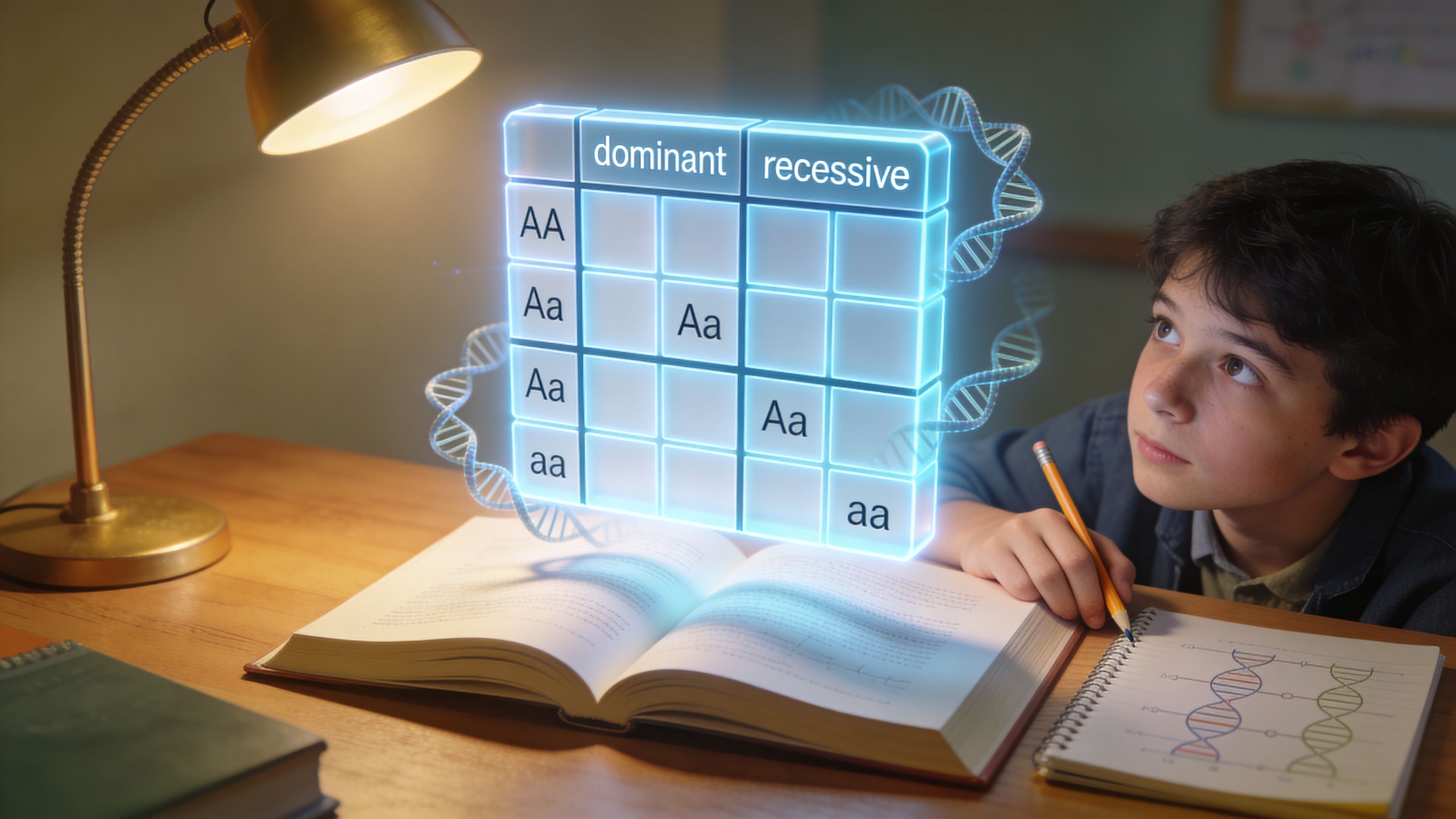A curious boy studies a holographic punnett square showing genotype combinations above an open textbook.