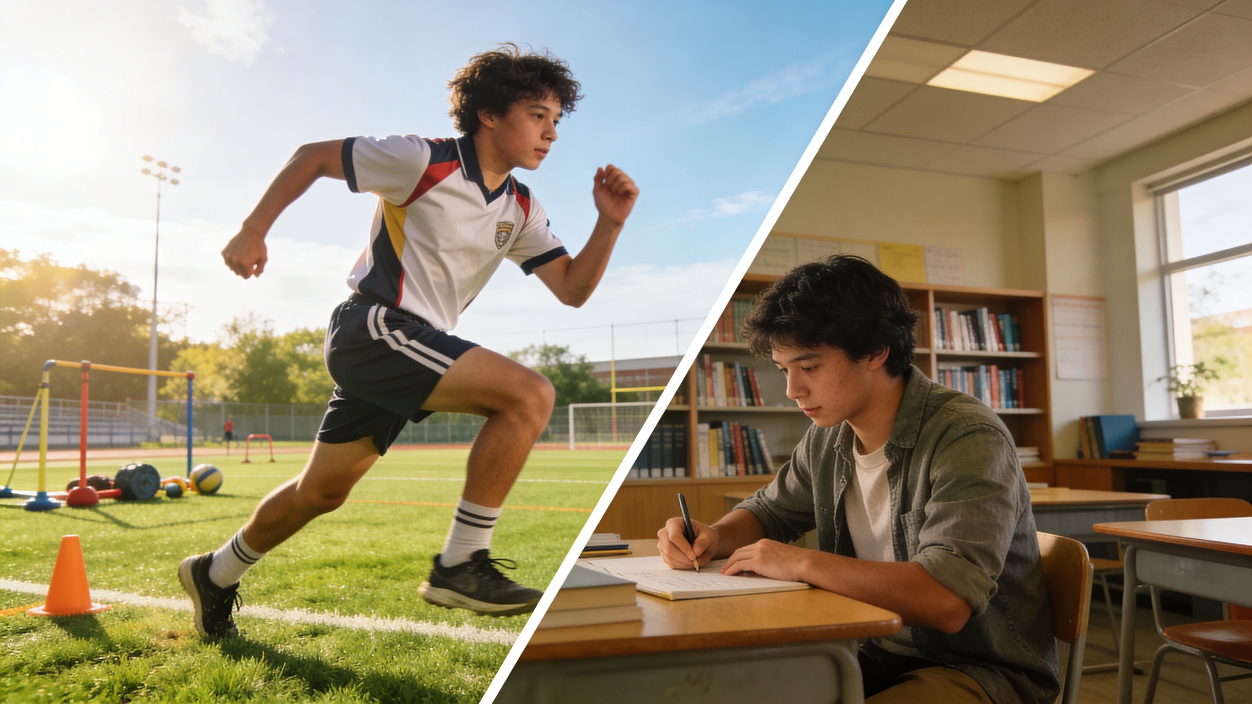 A split-screen image showing the same student running on a sports field and studying in a library.