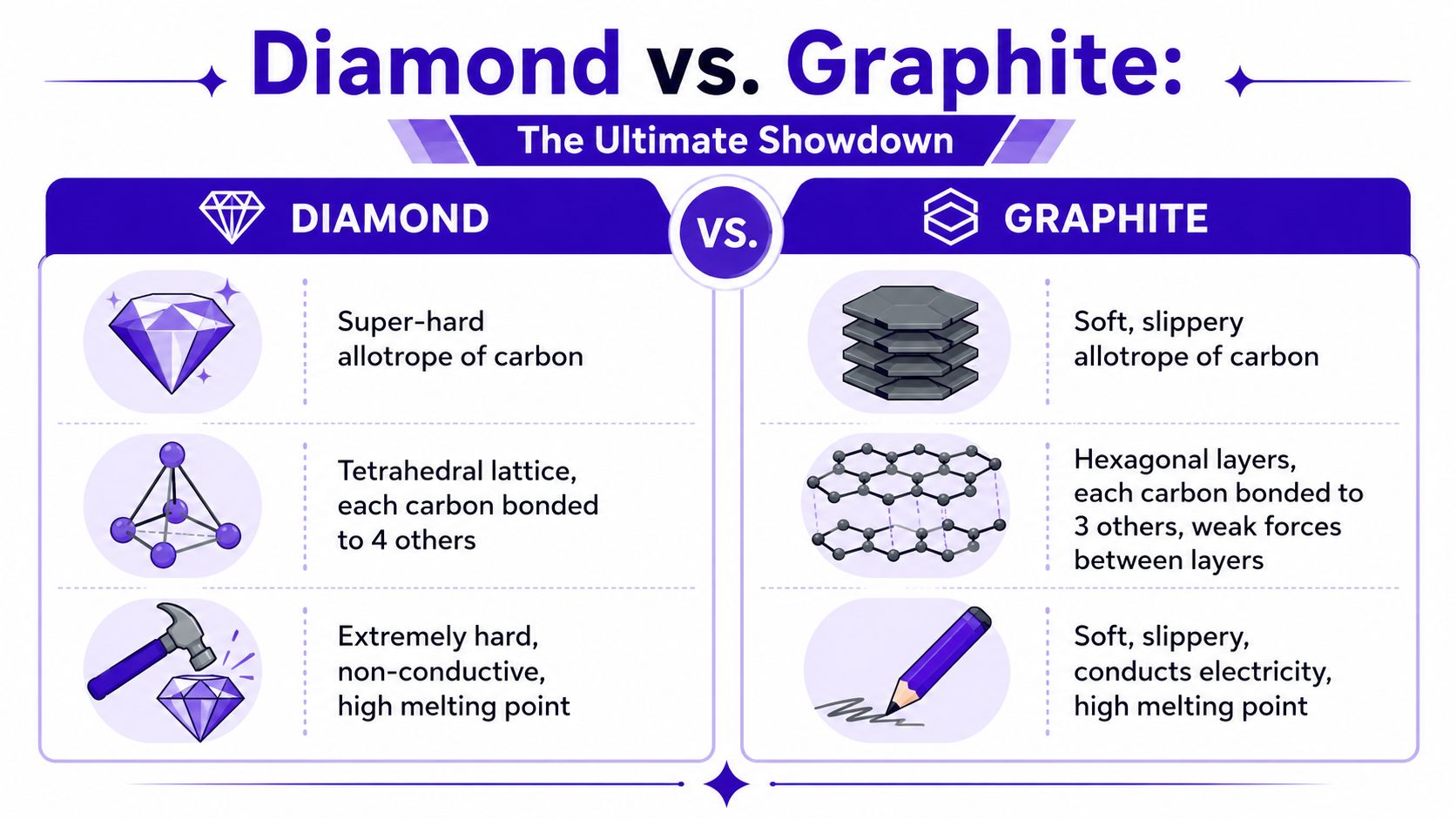 A comparison chart showing the differences and properties of diamond versus graphite allotropes of carbon.