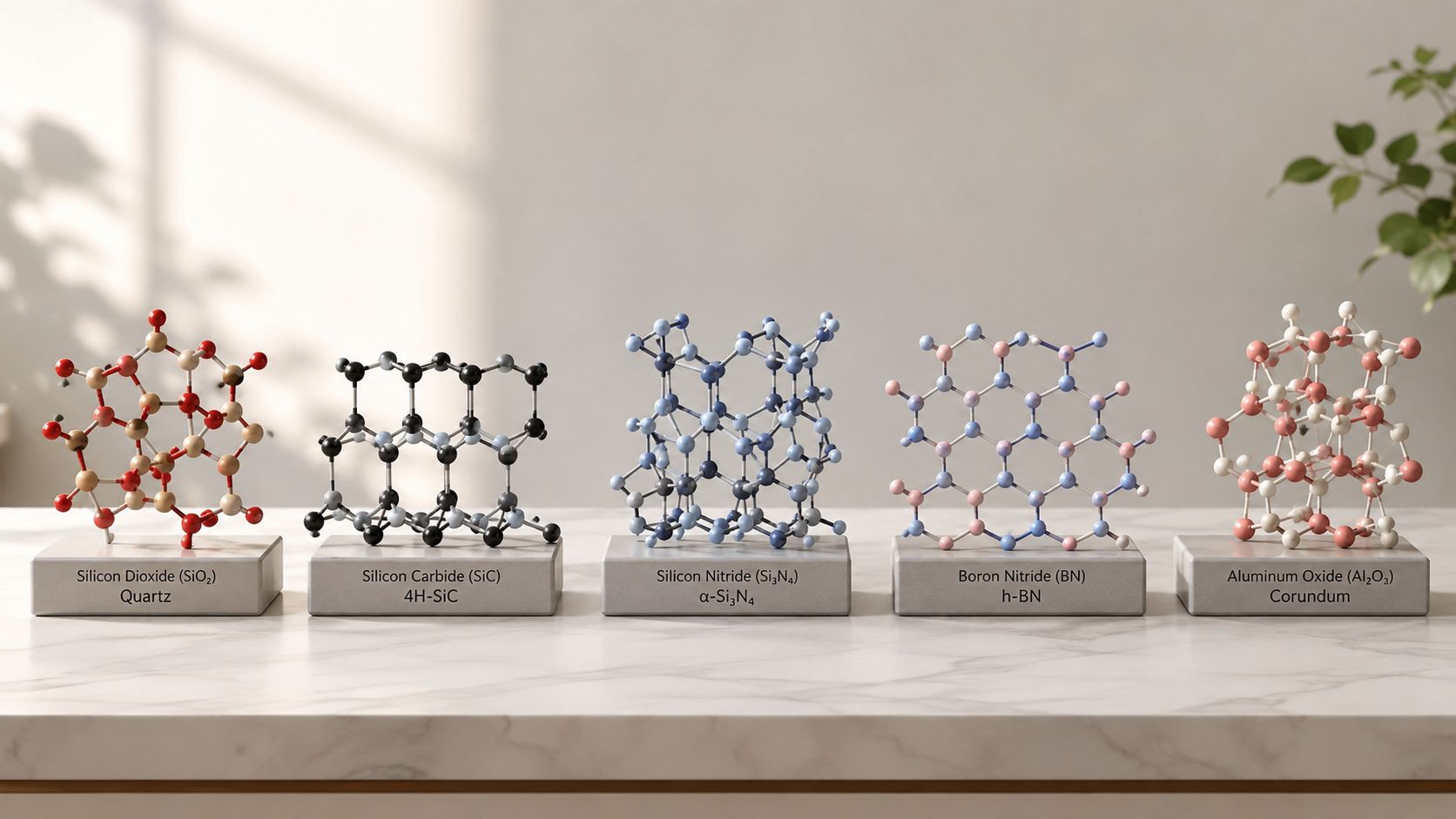 Five different models of giant covalent structures displayed on a white marble table in a bright room.