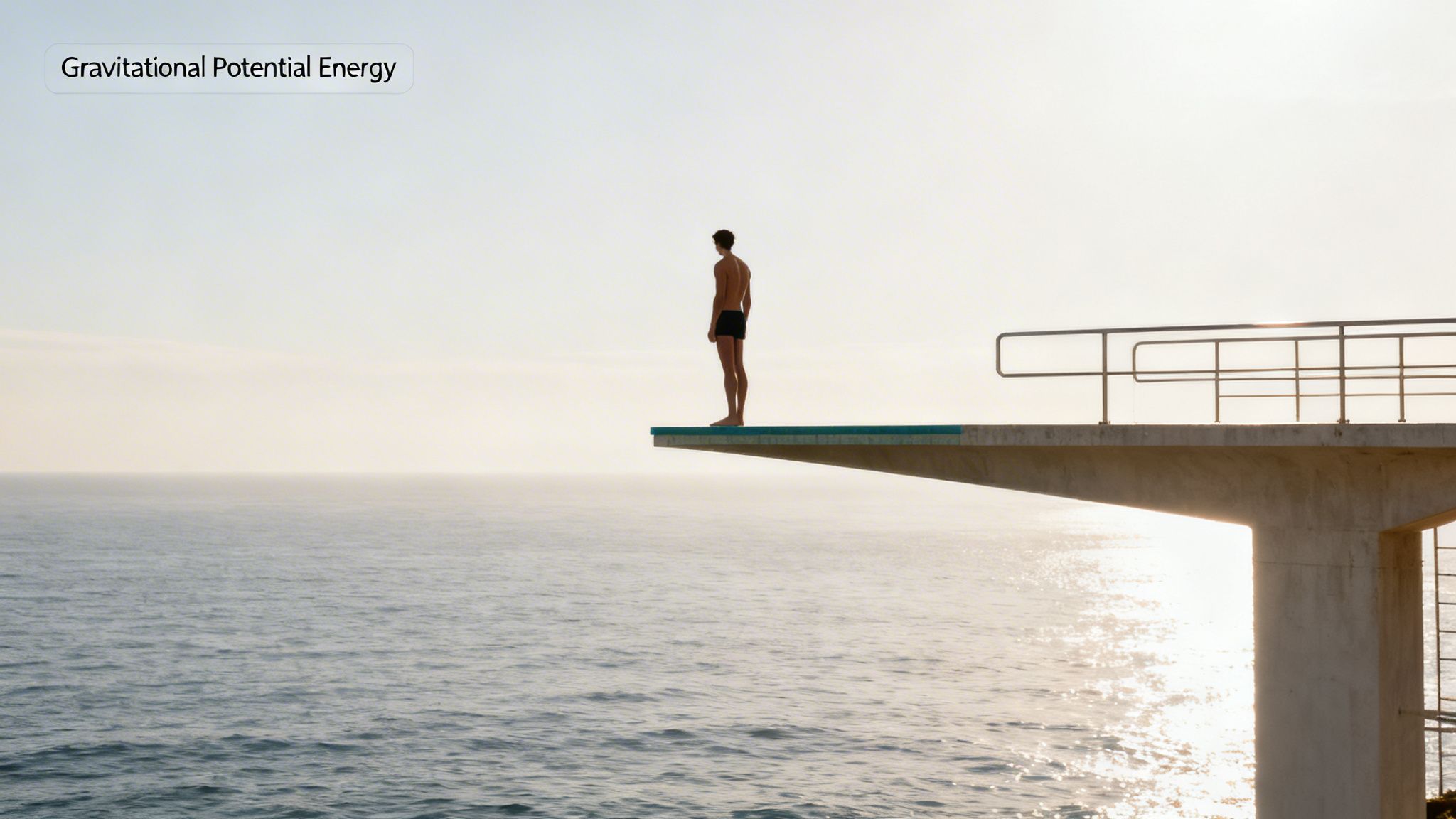 A man in swim trunks stands on a high diving board looking out at the vast ocean.
