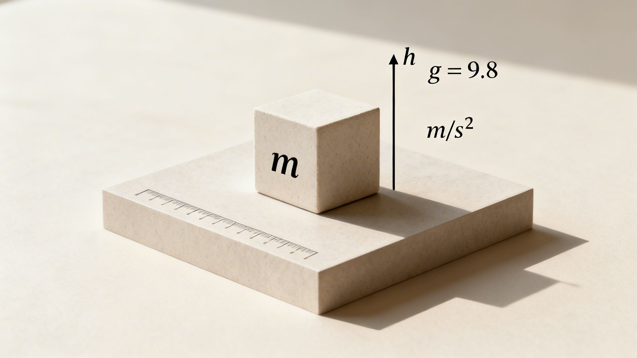 A physics setup with a cube labeled 'm' for mass, an arrow for height 'h', and 'g=9.8 m/s²' for gravity.