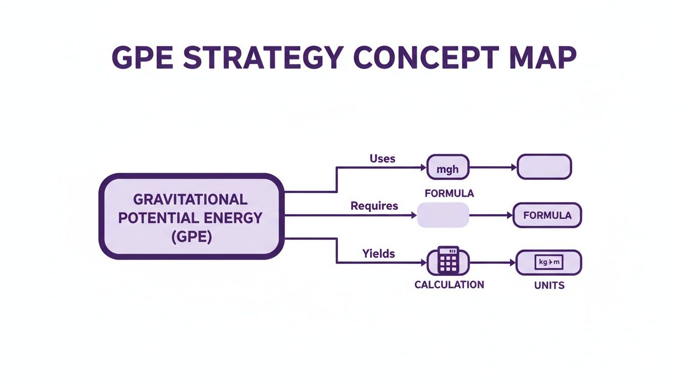 A concept map detailing Gravitational Potential Energy (GPE) strategy, showing formula mgh and units kg > m.