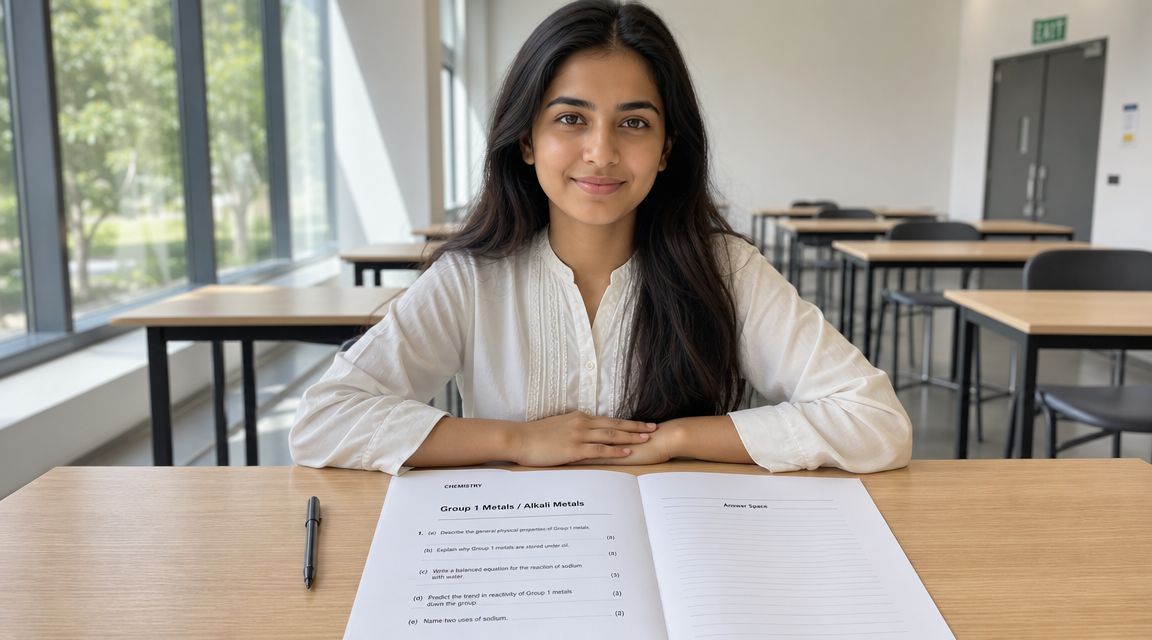 A young female student sits at a desk with a chemistry worksheet about group 1 metals.