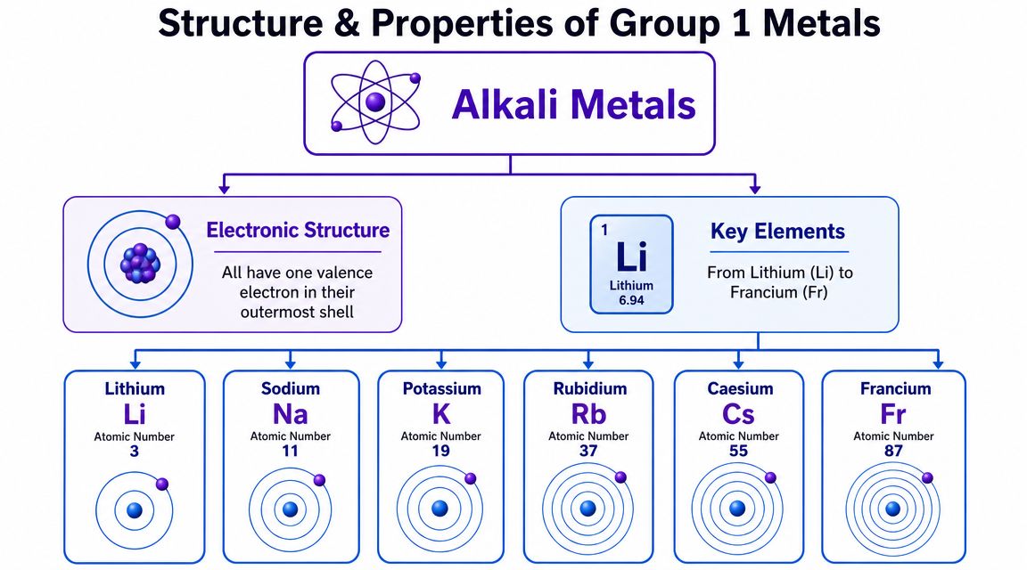 A diagram illustrating the structure and properties of Group 1 alkali metals, listing elements from lithium to francium.