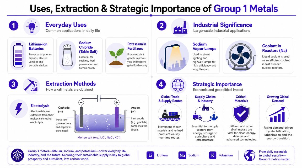 An infographic detailing the everyday uses, industrial significance, extraction methods, and strategic importance of Group 1 metals.