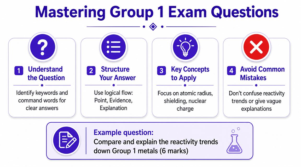 An infographic titled Mastering Group 1 Exam Questions with four steps and an example chemistry question.