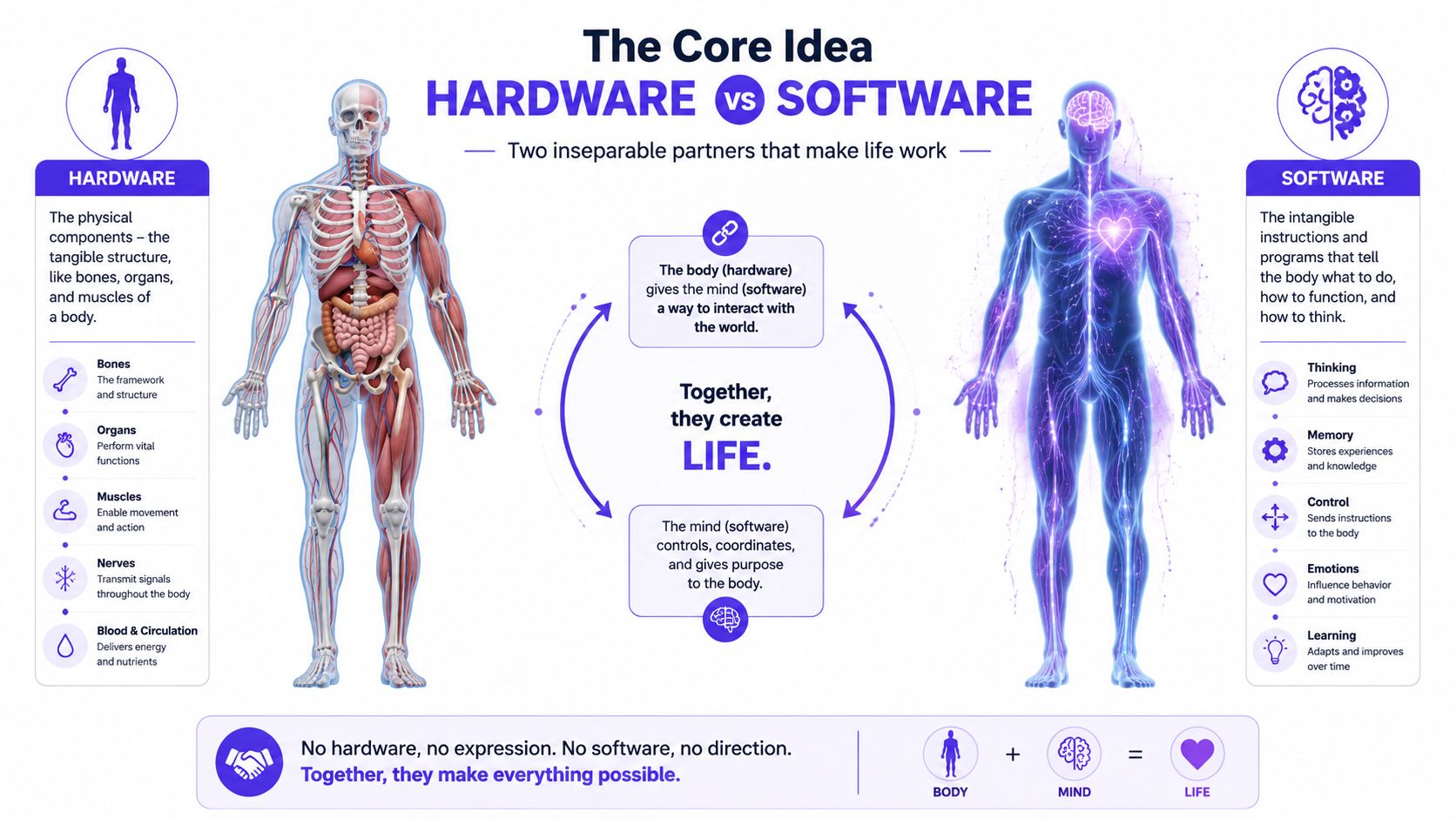 An infographic comparing the human body to hardware and the mind to software, illustrating how they work together to create life.
