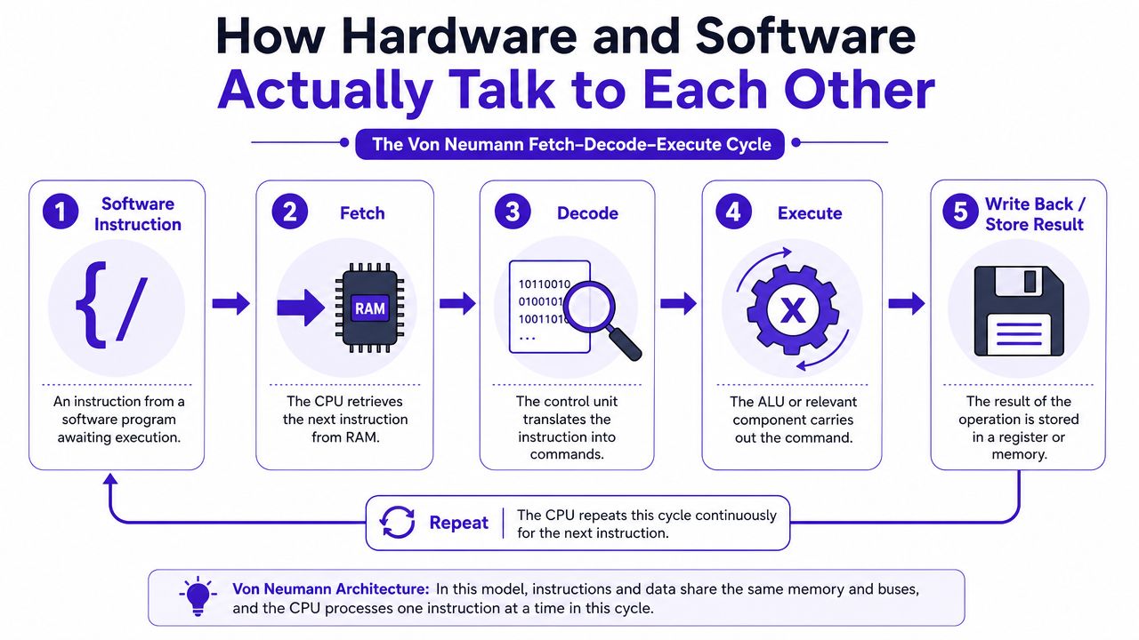A diagram illustrating the Von Neumann fetch-decode-execute cycle explaining how hardware and software work together.