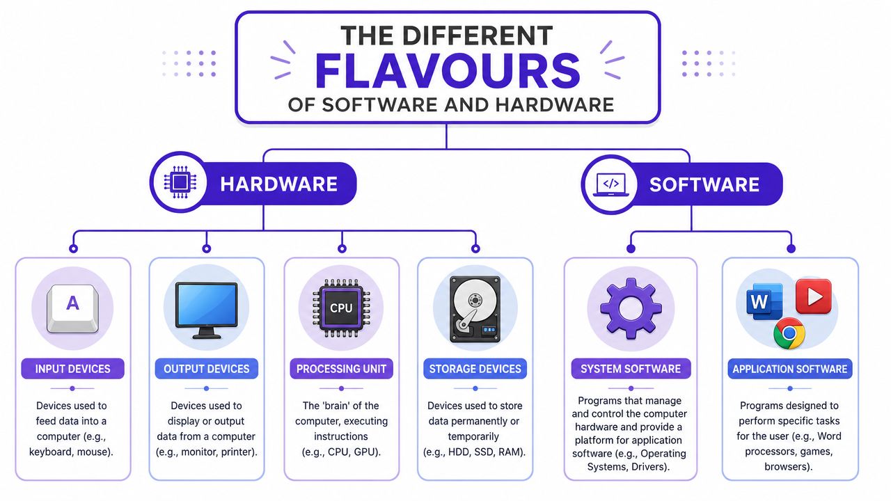 An infographic illustrating the different categories of computer hardware and software with clear icons and descriptions.