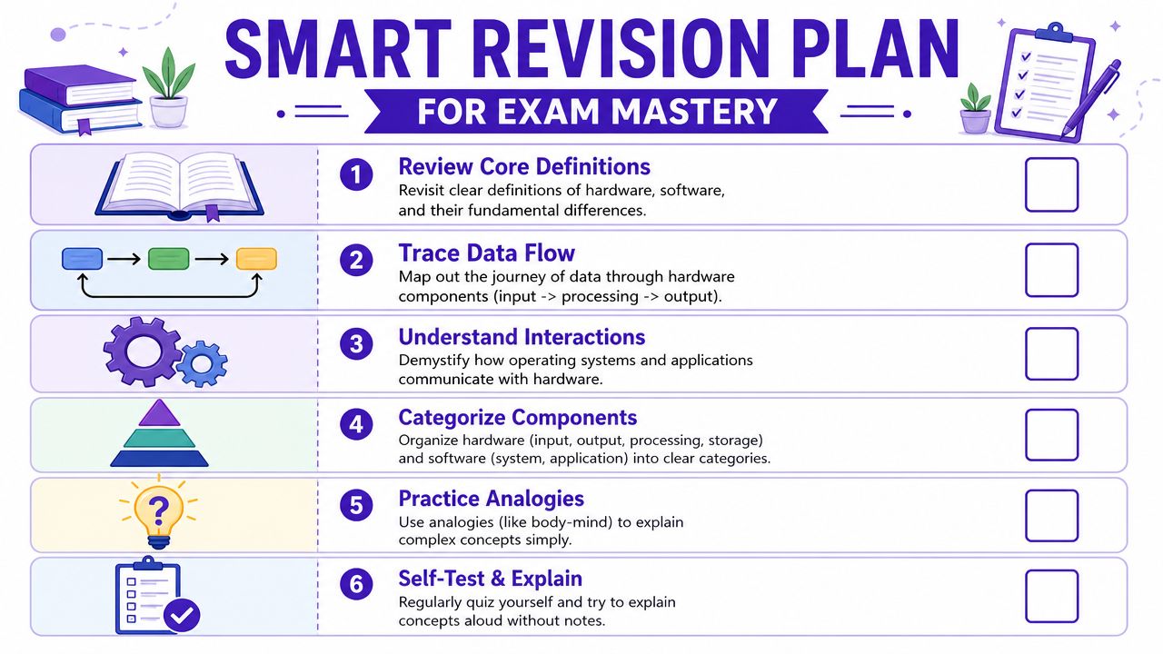 A structured revision plan checklist for mastering hardware and software concepts in computer science exams.