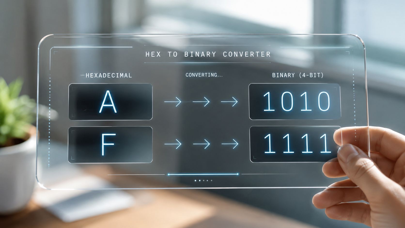 A transparent digital screen held by a hand displaying the hexadecimal to binary conversion of A and F.