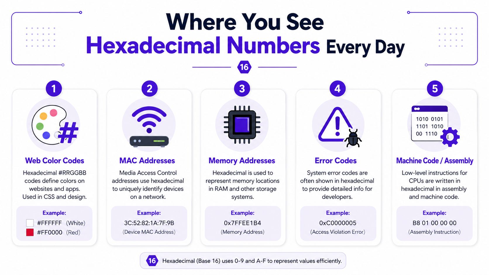 An infographic illustrating five common real-world applications of the hexadecimal number system in modern computing.