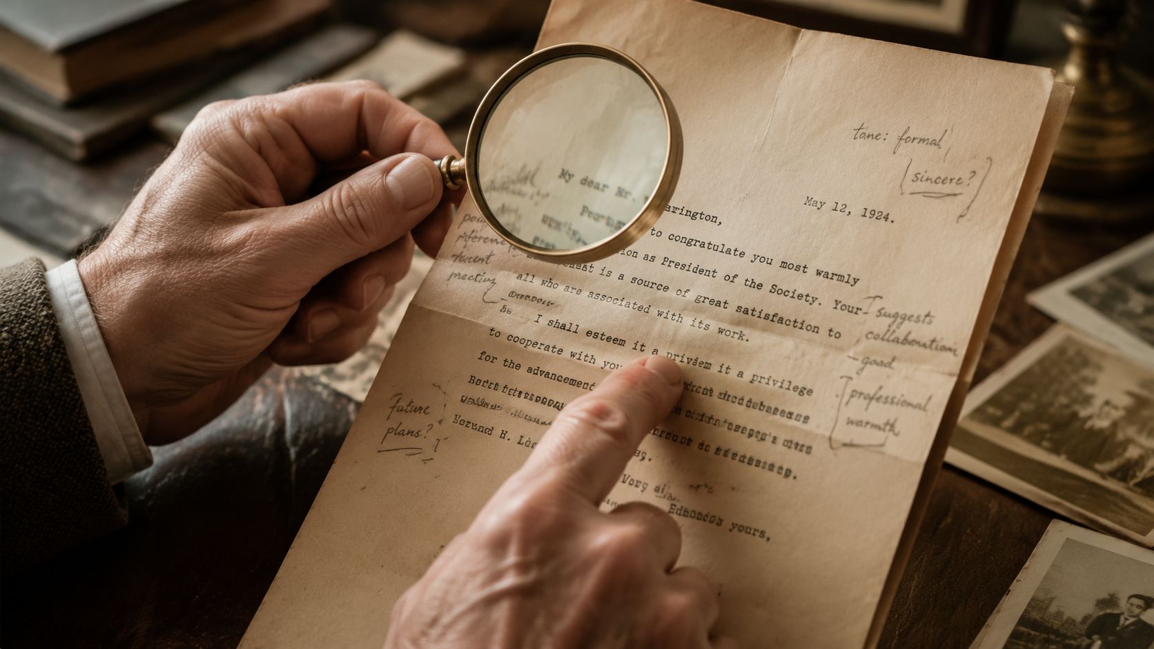 A close-up view of hands using a magnifying glass to examine a vintage, typewritten historical document.