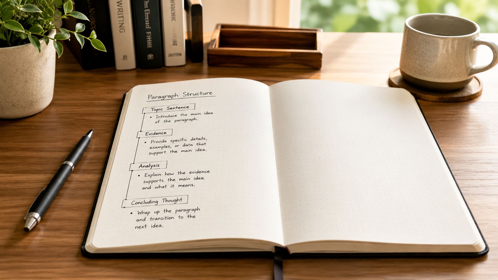 A journal opened on a wooden desk showing a handwritten diagram explaining paragraph structure and components.