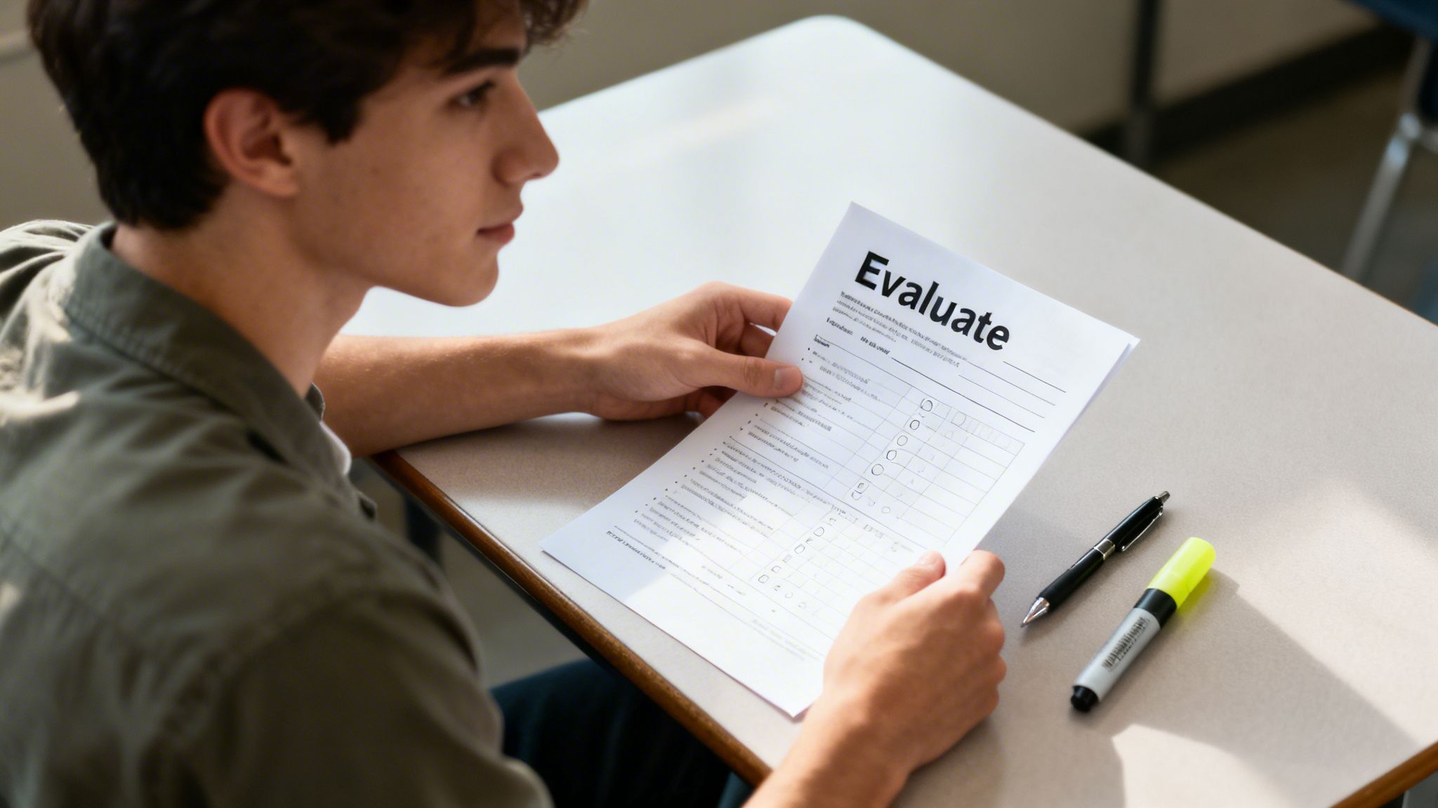 A young man in a classroom holding an evaluation form, with a pen and highlighter on the desk.